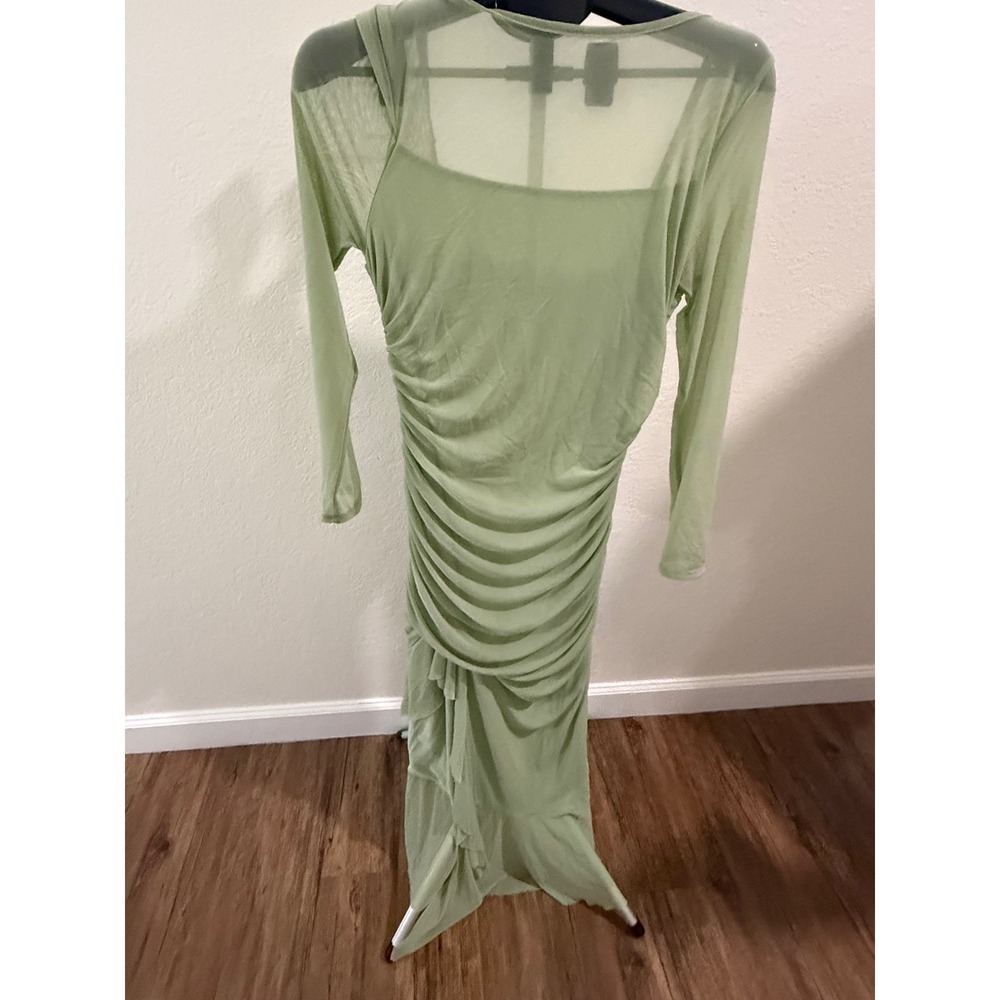 Sage Green Ruched Mesh Long Sleeve Maxi Dress Layered Ruffle Hem Sage L Fairy